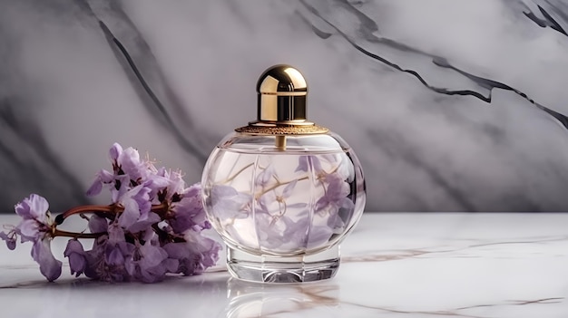 Un flacon de parfum avec une fleur violette sur le côté