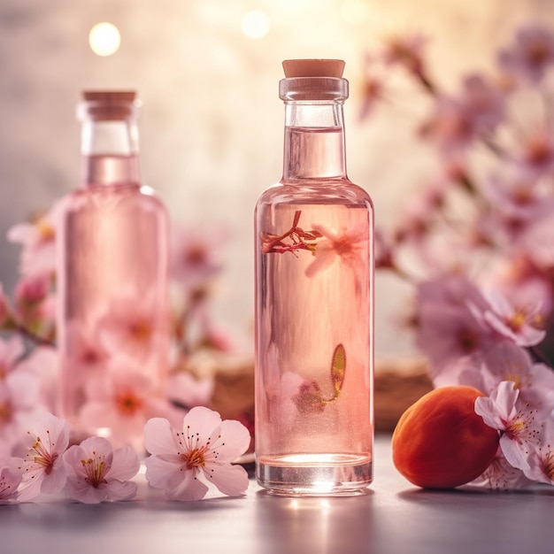 un flacon de parfum avec des fleurs et une cerise rose à gauche.