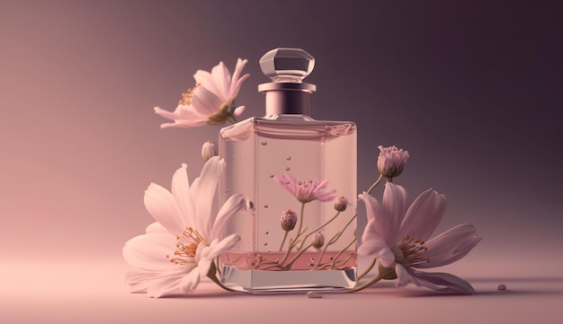 Un flacon de parfum avec des fleurs sur le côté