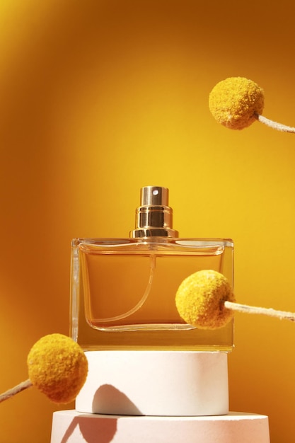 Flacon de parfum avec des fleurs de craspedia Concept de parfum et de cosmétiques coûteux Parfum floral