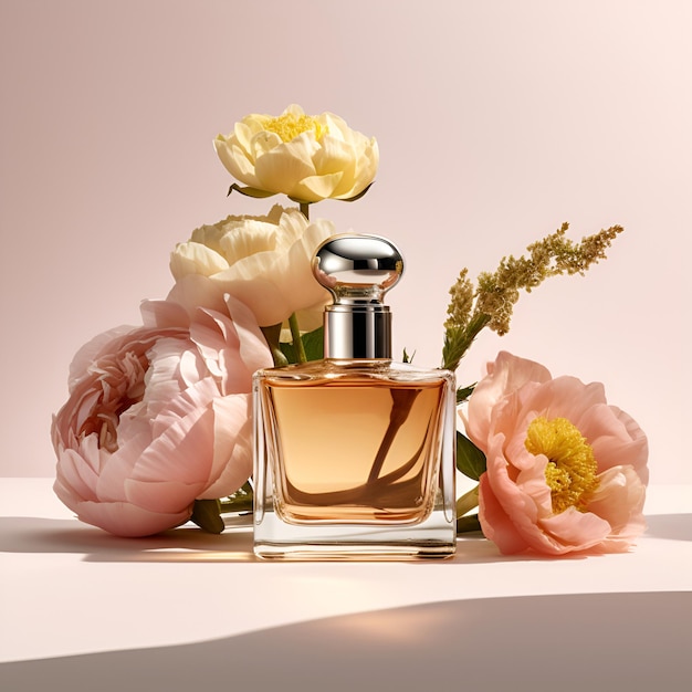 Flacon de parfum avec des fleurs sur fond rose