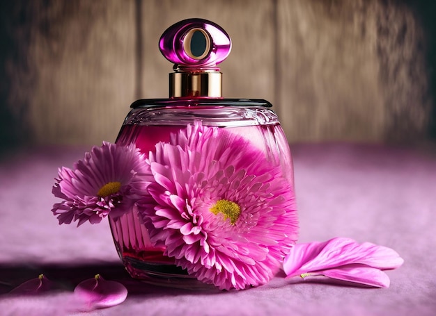 Un flacon de parfum avec des fleurs sur une nappe violette.