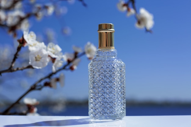 Flacon de parfum et fleurs sur la nature