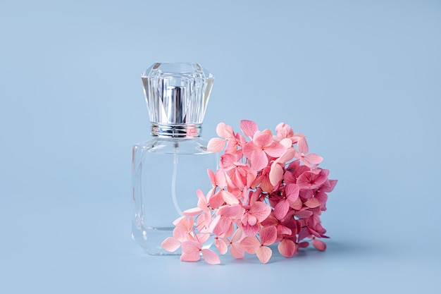 Flacon de parfum avec des fleurs roses sur fond bleu