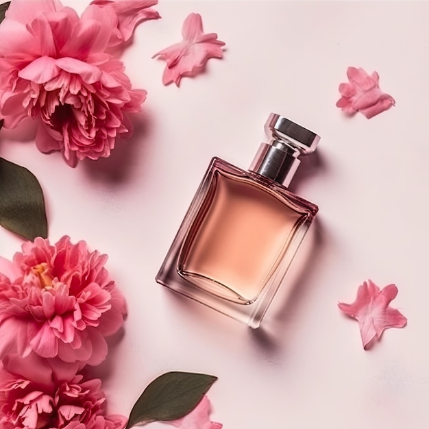 Un flacon de parfum avec des fleurs roses sur fond rose.