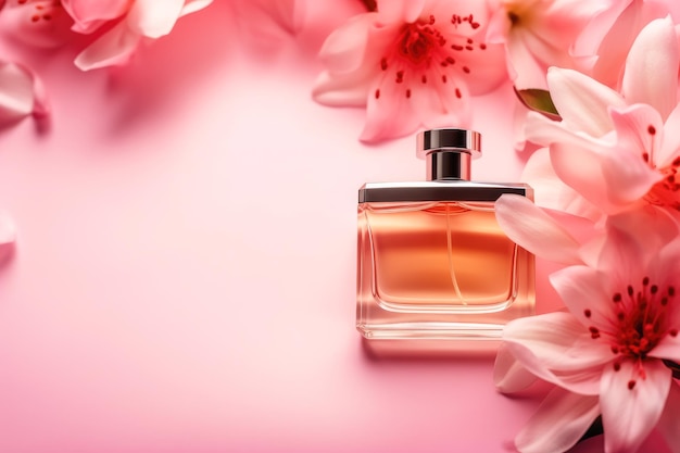 Flacon de parfum floral avec des fleurs sur fond rose Generative AI