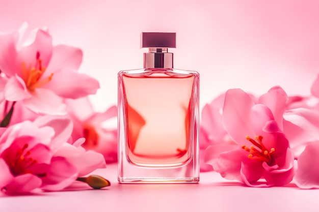 Flacon de parfum floral avec des fleurs sur fond rose Generative AI