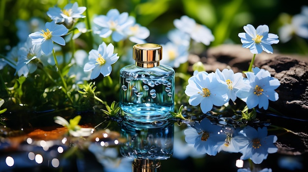 Flacon de parfum sur le fond d'un beau paysage de fleurs entouré d'eau