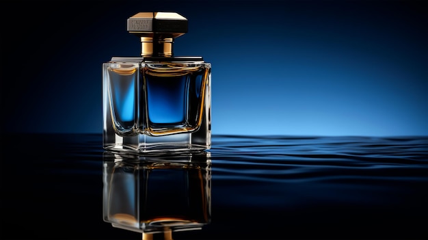 Flacon de parfum sur fond bleu