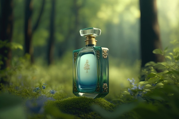 Flacon de parfum sur fond de forêt Parfum d'été