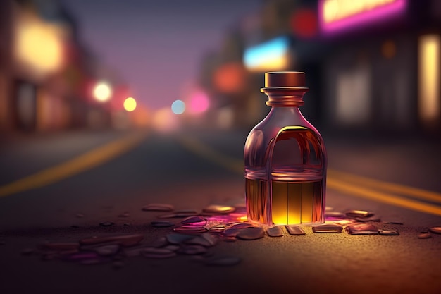 Photo flacon de parfum sur fond de lumières nocturnes de la ville art généré par le réseau de neurones