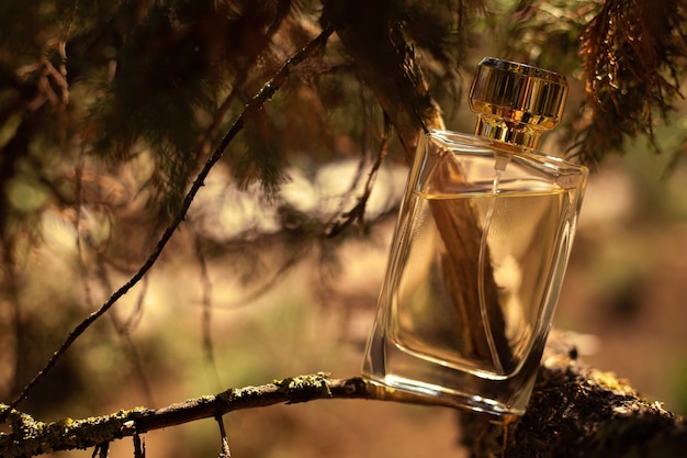 Flacon de parfum sur fond de nature jaune