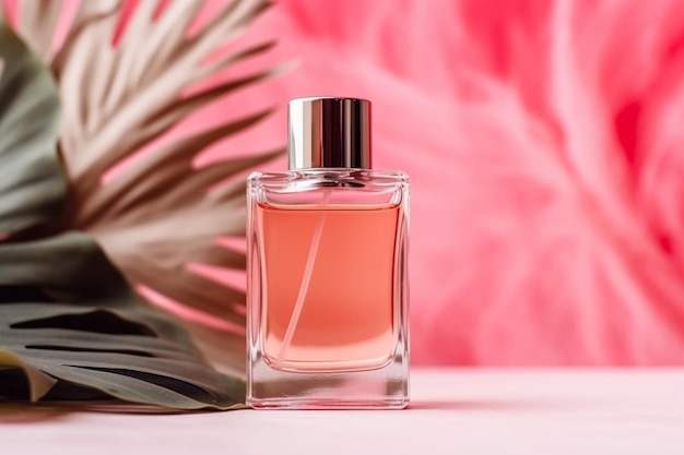 Un flacon de parfum avec un fond rose et une feuille de palmier sur le côté.