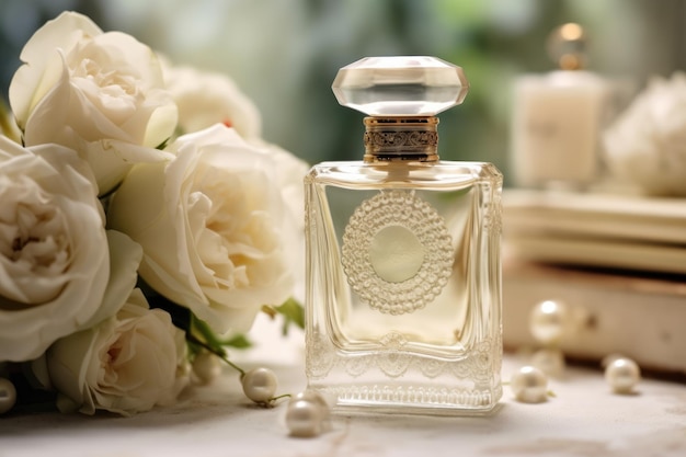 flacon de parfum sur fond de roses blanches ai génératif