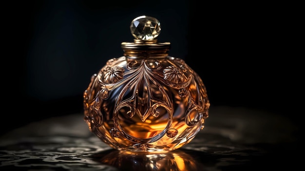 Flacon de parfum sur fond sombre vue droite