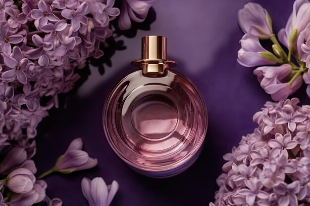 Flacon de parfum de luxe entouré de fleurs lilas vue d'en haut