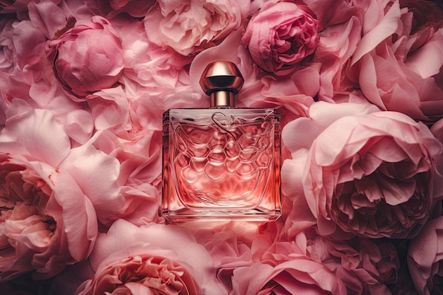 Flacon de parfum de luxe entouré de pivoines vue de dessus