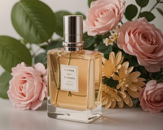 Flacon de parfum de luxe avec fleurs