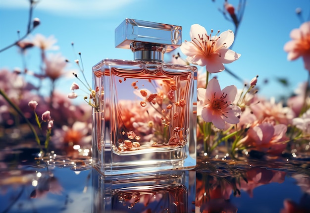 Flacon de parfum mince à texture de verre entouré de pétales de sakura rose clair