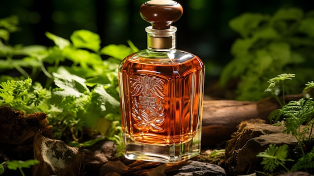 Flacon de parfum sur mousse verte en forêt Parfum de luxe