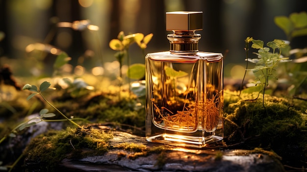 Flacon de parfum sur mousse verte en forêt Parfum de luxe