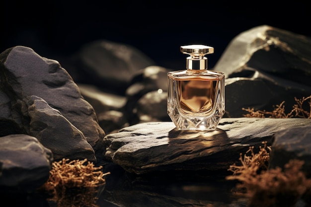 Flacon de parfum sur pierres