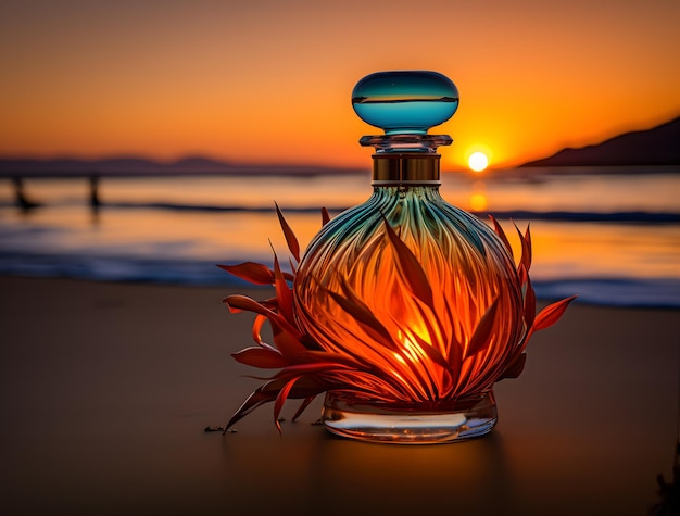 Flacon de parfum sur la plage au fond d'un beau coucher de soleil