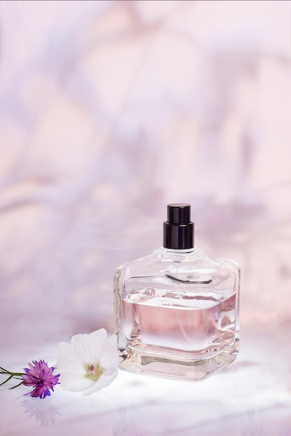 Flacon de parfum avec des plantes sur un fond floral rose clair Cosmétiques de collection de parfumerie