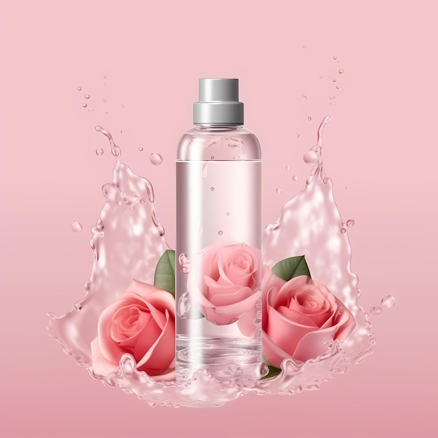 Flacon de parfum rose sur fond rose pastel roses comme set dressing bouteilles de produits propres sans étiquettes