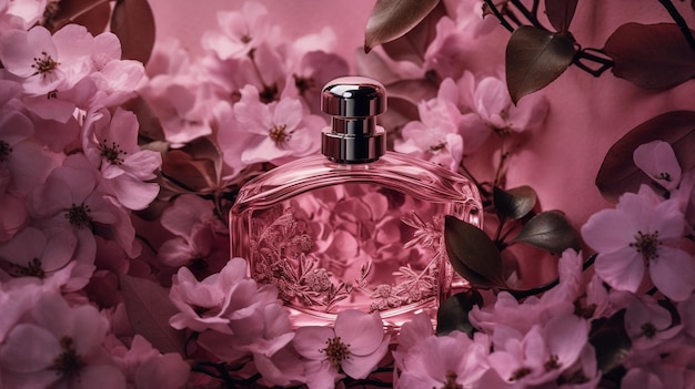 Flacon de parfum rose parmi les fleurs et les feuilles Image AI générative