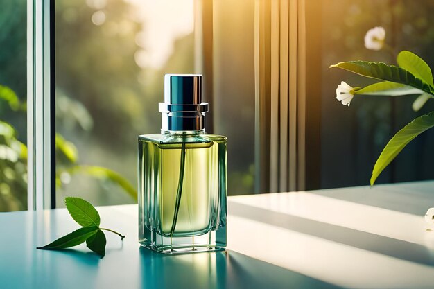 Flacon de parfum sur table dans une salle de bains moderne avec plantes tropicales