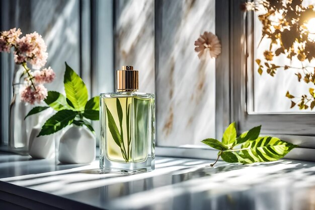 Flacon de parfum sur table dans une salle de bains moderne avec plantes tropicales