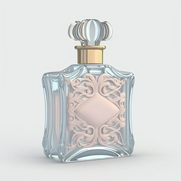 Un flacon de parfum transparent avec un motif carré rose sur le devant.