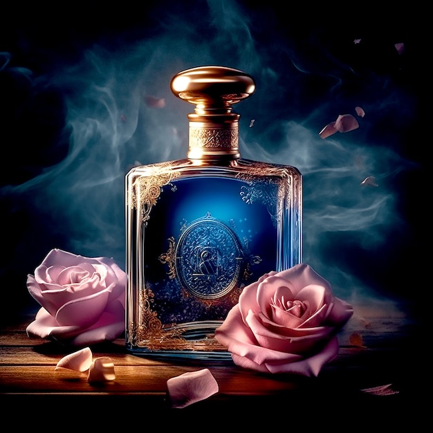 Flacon de parfum vintage de couleur bleue abstraite dans un environnement sombre