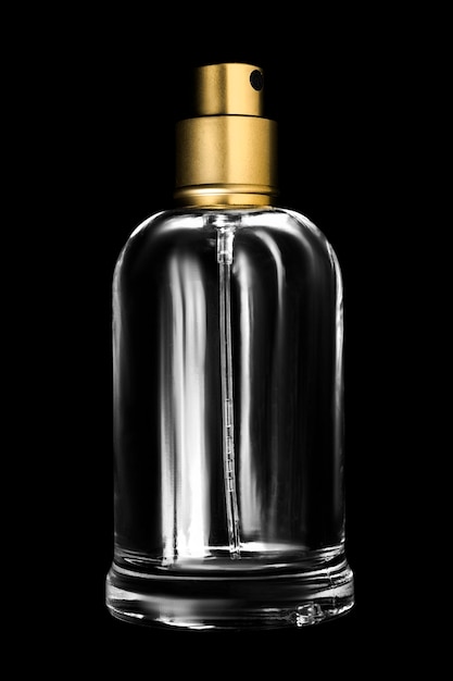 Flacon pulvérisateur de parfum vide en verre vide isolé sur fond noir