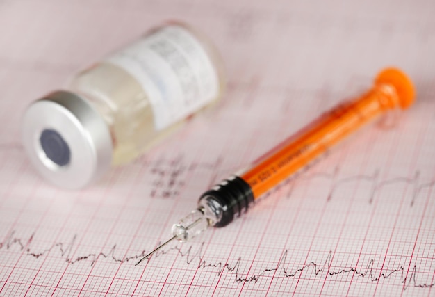 Flacon de seringue sur électrocardiographe imprimé