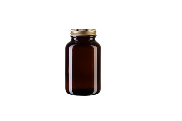Flacon transparent brun ambre pour l'emballage des pilules Fond blanc isolé