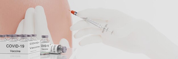 Photo flacon de vaccination pour la protection contre covid-19 ou le coronavirus blur travailleur médical dans des gants en caoutchouc blanc tient la seringue et le vaccin préparez-vous à injecter dans l'épaule ou le bras supérieur rendering 3d