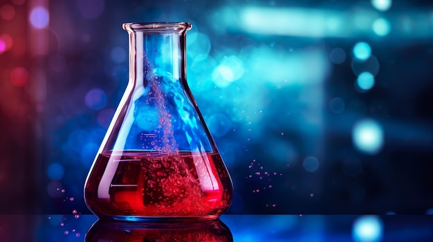 flacon de verre bleu et structure chimique dans la recherche science médicale technologie de fond ustensiles en verre avec liquide