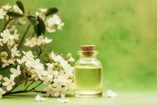 Flacon en verre avec un bouchon rempli d'huile d'arôme de jasmin