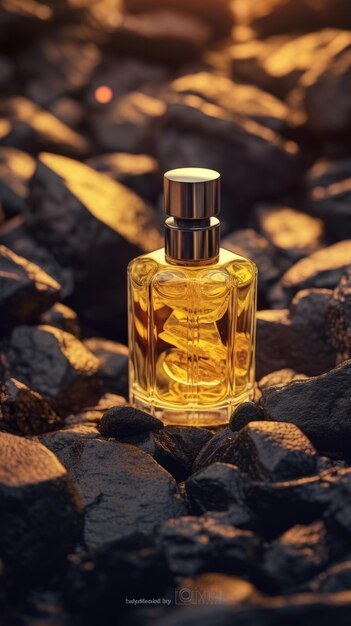 Flacon en verre de parfum jaune sur une surface en pierre noire IA générative