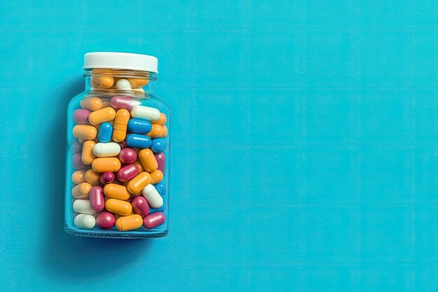 Le flacon en verre de pilules est entouré d'un tas de pilules colorées