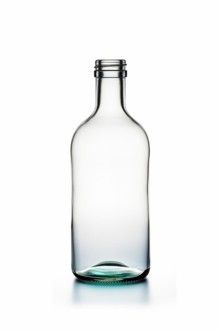Photo flacon en verre transparent avec dessus argenté sur fond blanc avec reflet du fond de la bouteille generative ai