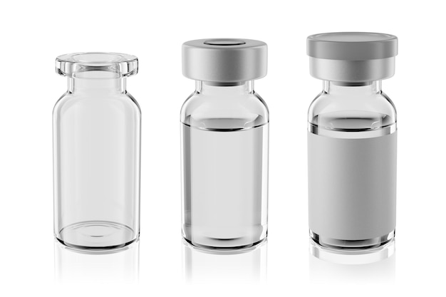 Flacons d'injection en verre transparent pour vaccin mis en maquette de rendu 3d isolé