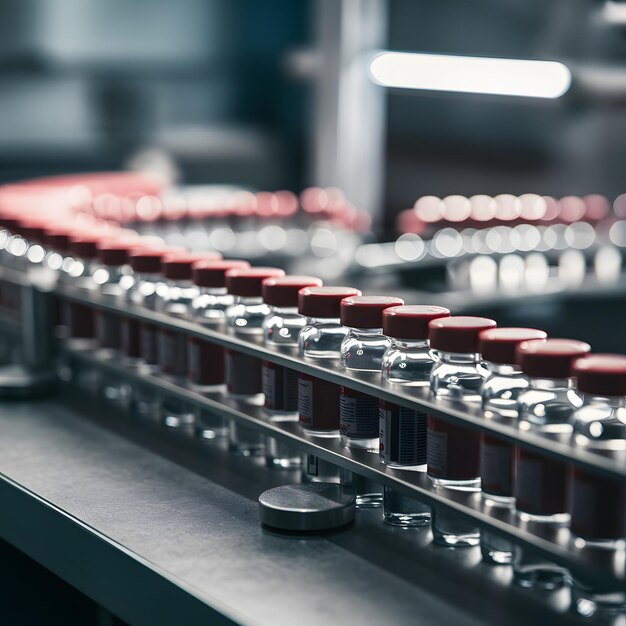 Photo des flacons médicaux sur la ligne de production d'une usine pharmaceutique pour les médias sociaux