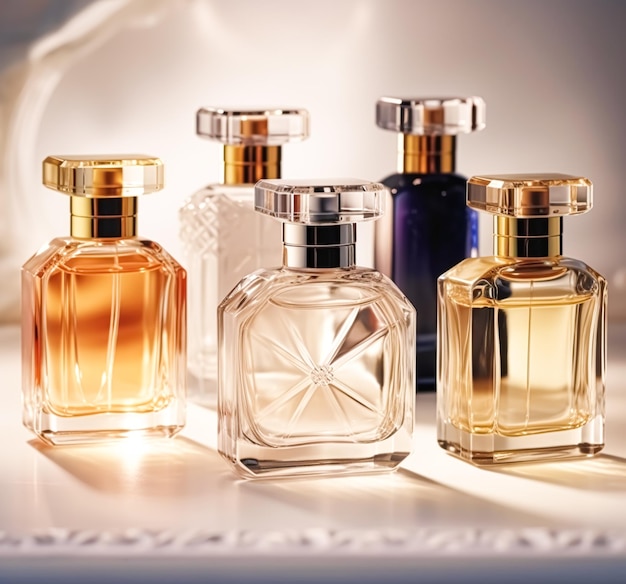 Flacons de parfum de luxe au parfum de parfum à l'événement de présentation de la parfumerie sur mesure et de la vente de produits de beauté générative ai