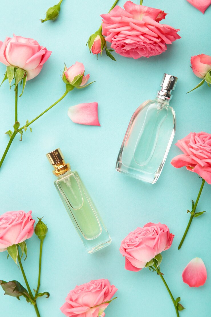 Flacons de parfum avec des roses roses à la menthe.
