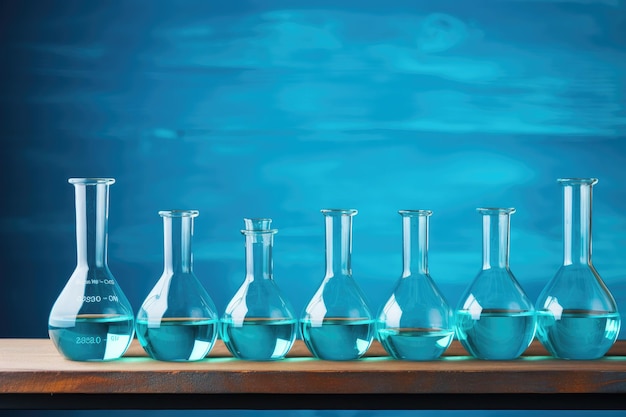 Flacons en verre et tubes à essai avec de l'eau sur fond bleu Laboratoire de chimie IA générative