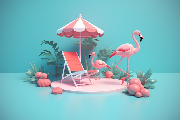 Un flamant et une chaise de plage sont dans une scène tropicale.