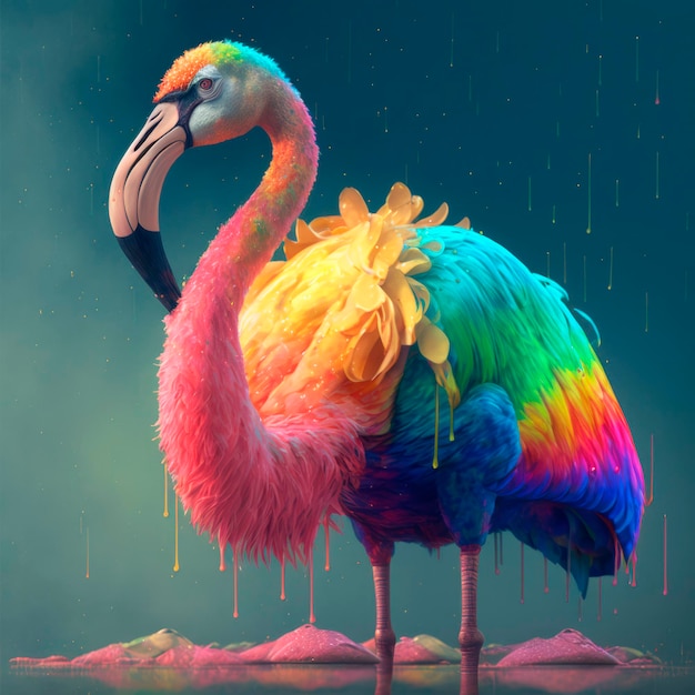 Flamant coloré Une illustration éclatante d'un oiseau flamboyant avec un corps à plumes multicolores sur un fond de couleur douce